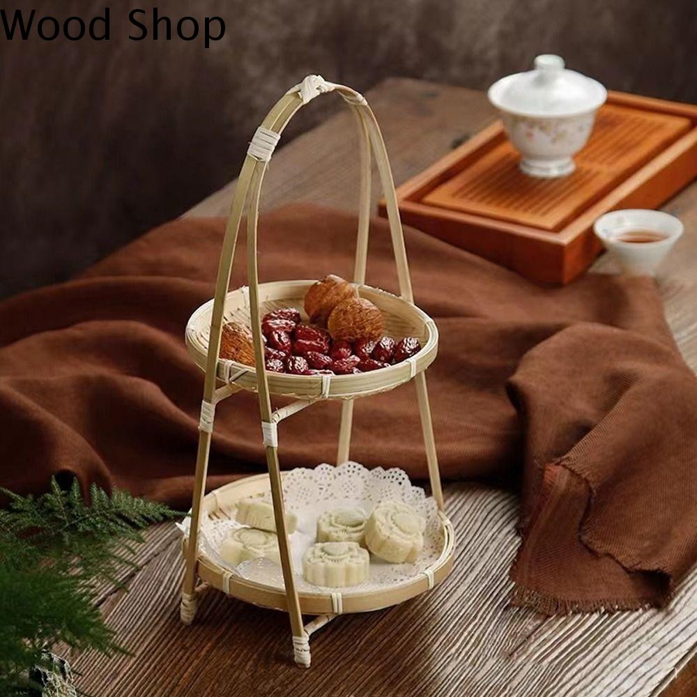 WOOD SHOP Tròn Giỏ đan bằng tre Cấp 2/3 Dệt Giỏ đựng đồ Giá bậc giỏ Thủ công Giá trưng bày đồ ăn nhẹ Bánh ngọt