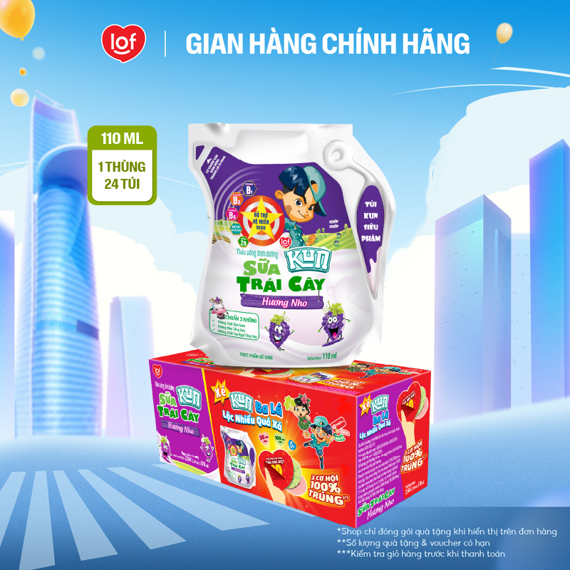 Sữa trái cây KUN vị nho thùng 24 túi x 110ml