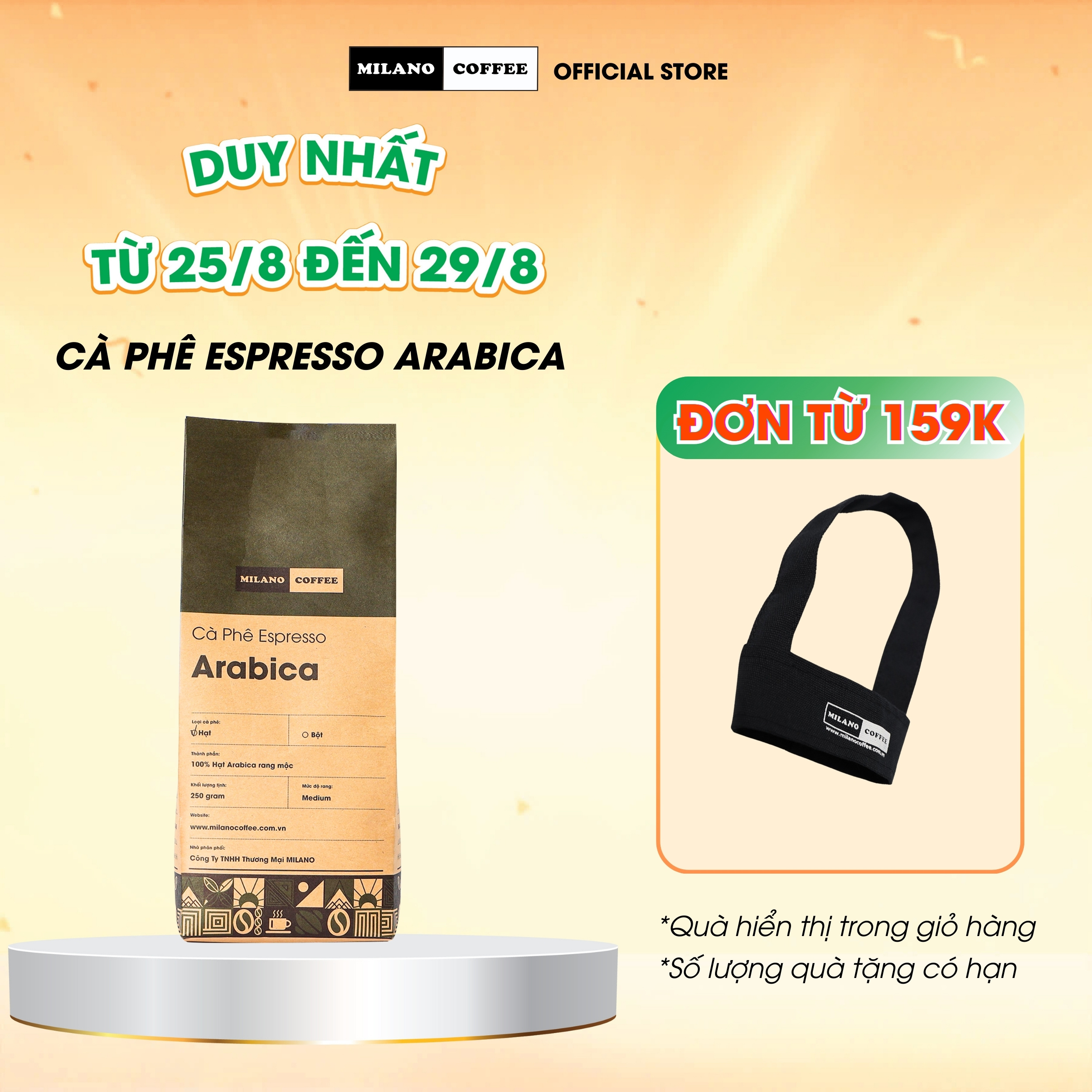 Cà phê 100% arabica rang mộc nguyên chất milano coffee 250gr