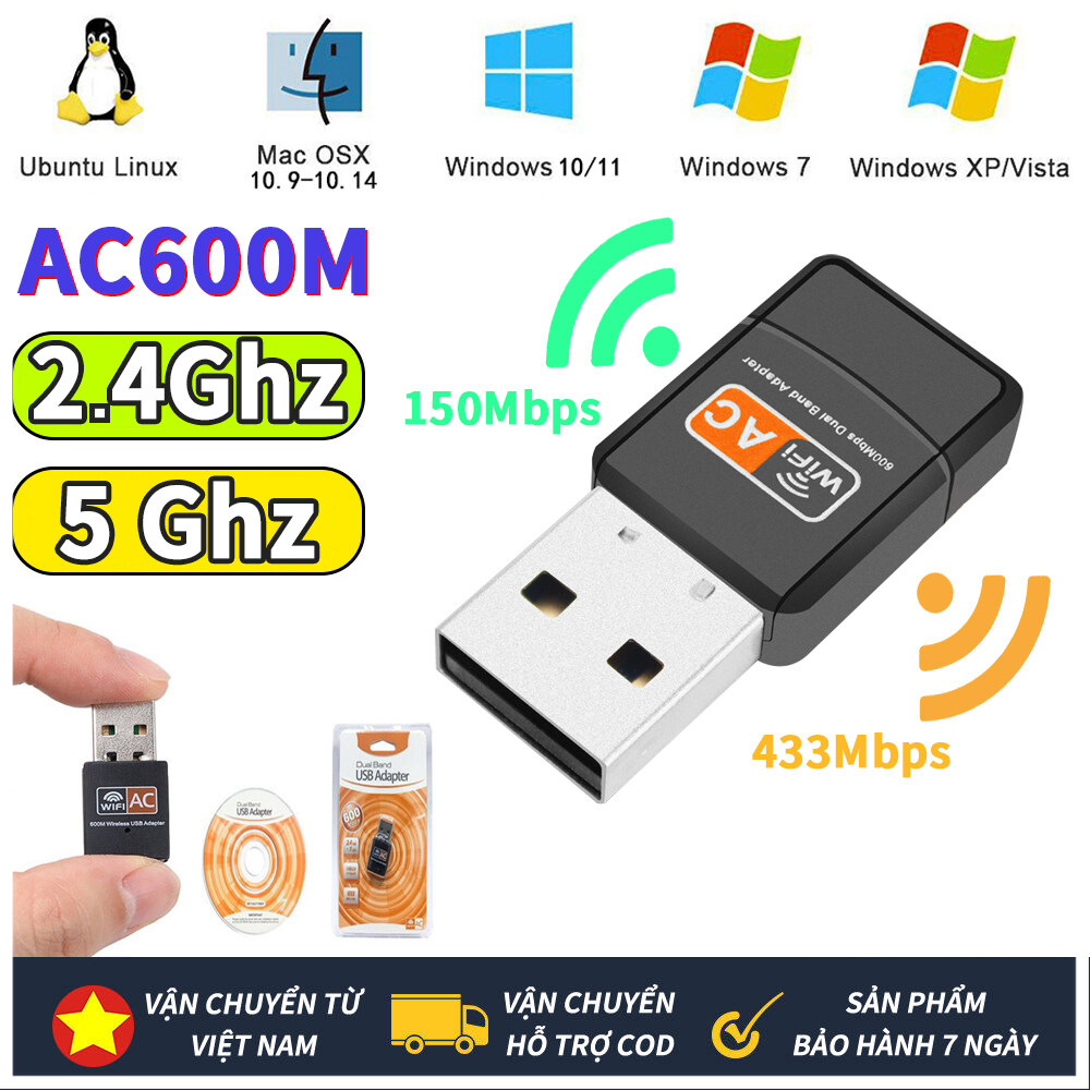 Bộ chuyển đổi usb wifi ăng ten wifi 2.4ghz 5ghz 600mbps bộ thu card mạng máy tính không dây mini 802.11b/n/g/ac băng tần kép