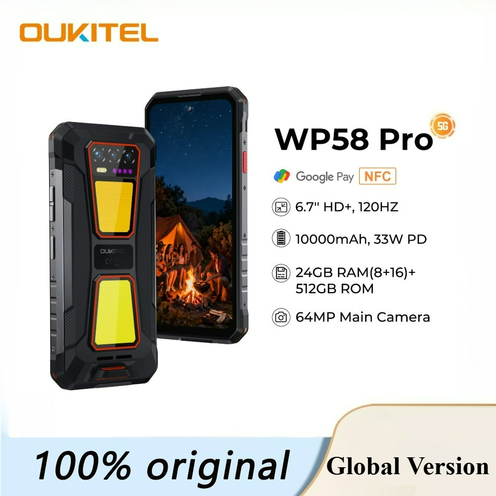 OUKITEL WP58 PRO 8GB (UP TO 24GB)+512GB 6.7inch HD Cellphone Dual Camping Lights Screen 10000mAh Support Reverse Chraging 64MP Mian Camera ราคา 7,500 บาท*ส่งฟรี