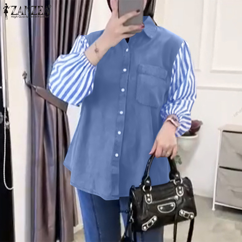 ZANZEA Muslimah Women Muslim Elegant Stripe Patchwork Fake Two Pieces Shirt Long Sleeve Lapel Top #0113