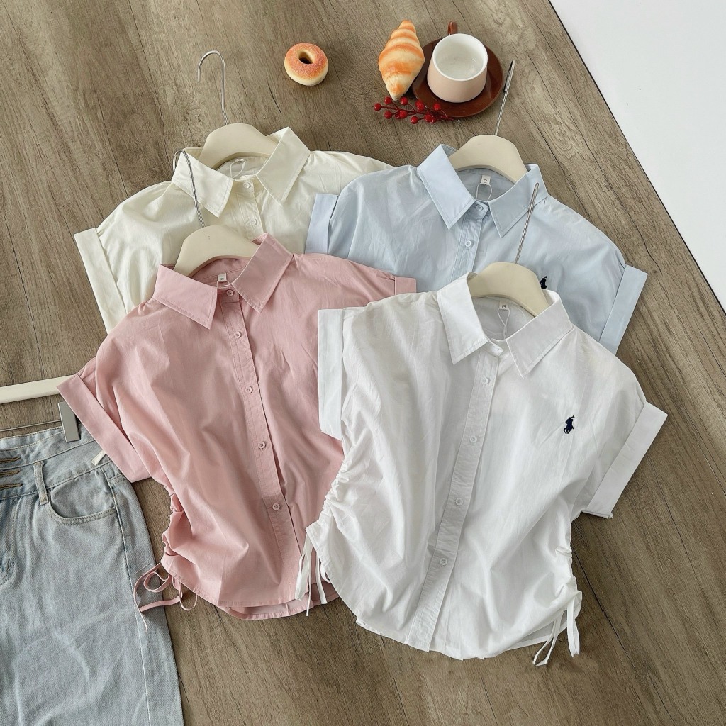 [Set 2 áo] Áo sơ mi nữ tay hến thêu ngựa cộc tay nhún eo rút sườn kiểu dáng trẻ trung hiện đại phong