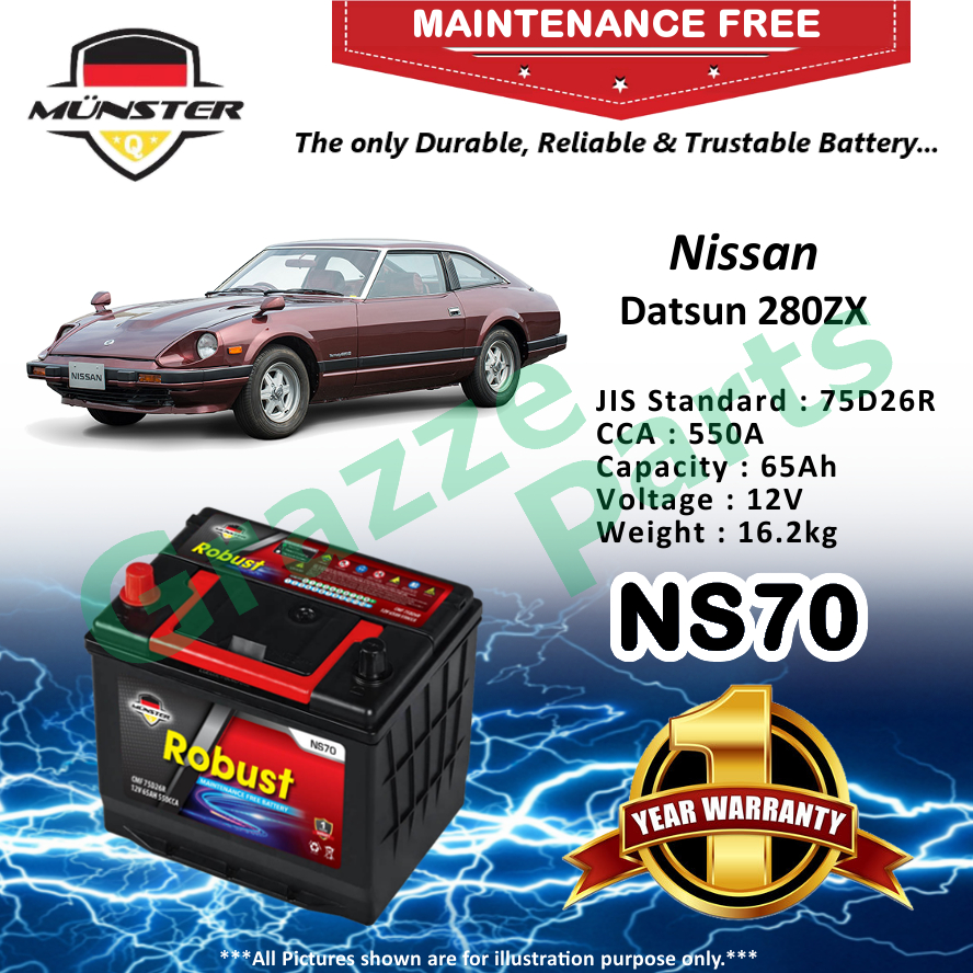 Mnster Robust MF CMF NS70 | NS70R | 75D26R (65AH) Car Battery Bateri Kereta for Nissan Datsun 280ZX