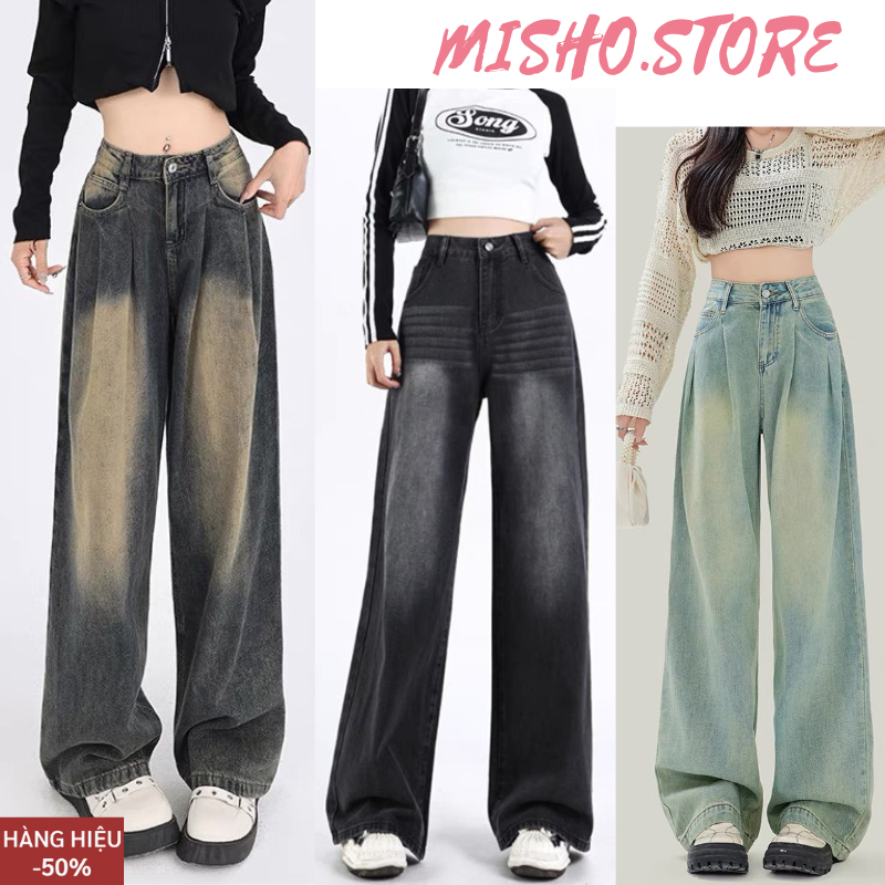 Quần Jean Ống Rộng Nam Nữ Wash 3 Màu Cạp Cao MISHO, Quần Bò Ống Suông GRIND WASH BAGGY JEANS Phong cách Retro 1903