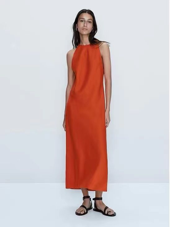  Tây Ban Nha Massimo Dutti MD khí của phụ nữ cotton Mới Mùa Hè và Linen Sling chia không tay áo gile dài ăn mặc 2024 nhập khẩu trang phục mới 