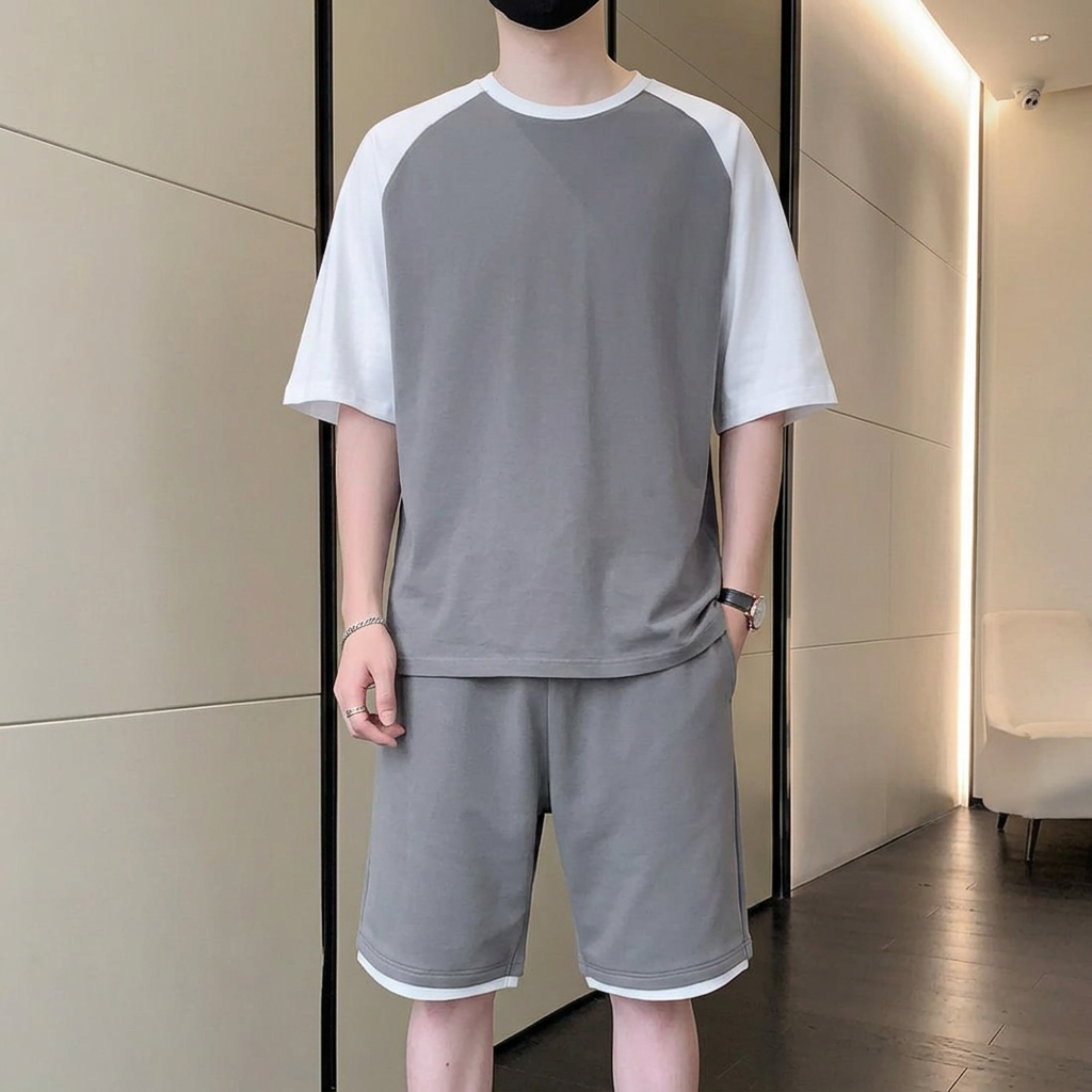 Korean Fashion 2 Piece Set Men Summer Clothes Patchwork Tracksuits Men Sports Wear Streetwear Multicolor Outfits Men Clothing Pure Cotton