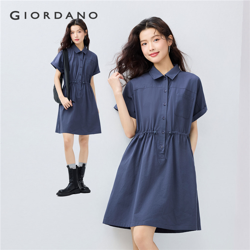 GIORDANO Women Dresses 100% Cotton Drawstring Waist Dresses Single Pocket Short Sleeve Simple Fashion Casual Dresses 13465326 ราคา 1,349 บาท*ส่งฟรี