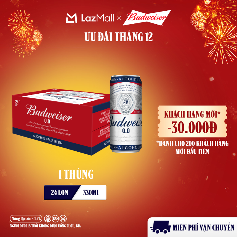   MỚI  Thùng 24 Lon Bia Budweiser Không Độ Cồn Chính Hãng  330ml  lon  