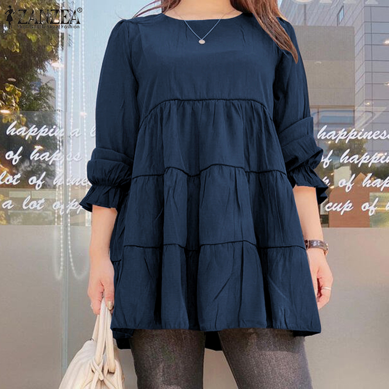 Hijabfab ZANZEA phong cách Hàn Quốc nữ thường ngày dài tay áo phồng áo cổ tròn chắp vá Áo cánh nữ #0909