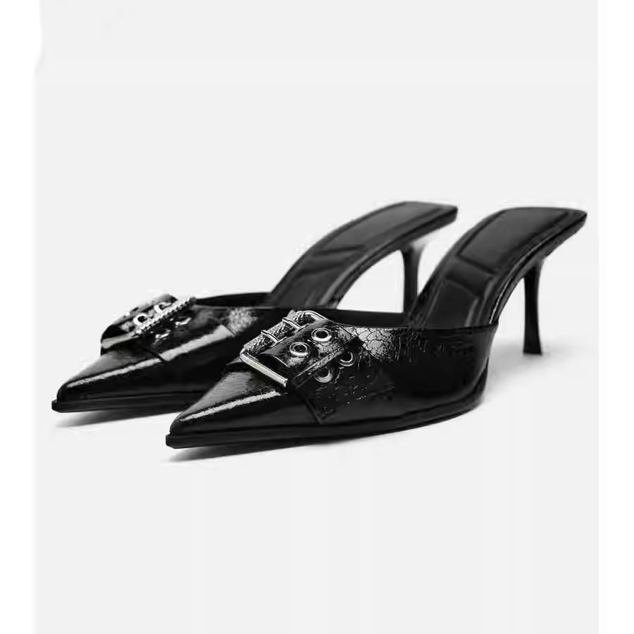 2025 Authentic ZARAˉ Dtm2024 Spring New Women's Shoes Black Buckle Thin Heel Muller Shoes Baotou Shallow French High Heels imported Spain