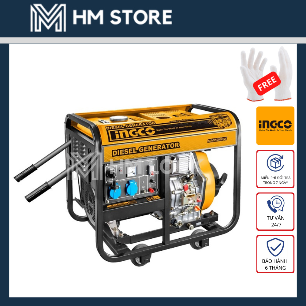 5.5KW MÁY PHÁT ĐIỆN ĐỘNG CƠ DẦU DIESEL INGCO - MOTOR DẦY ĐỒNG - GIẬT NỔ + ĐỀ ĐIỆN - HÀNG CHÍNH HÃNG - GDE50001 - HM LOCK