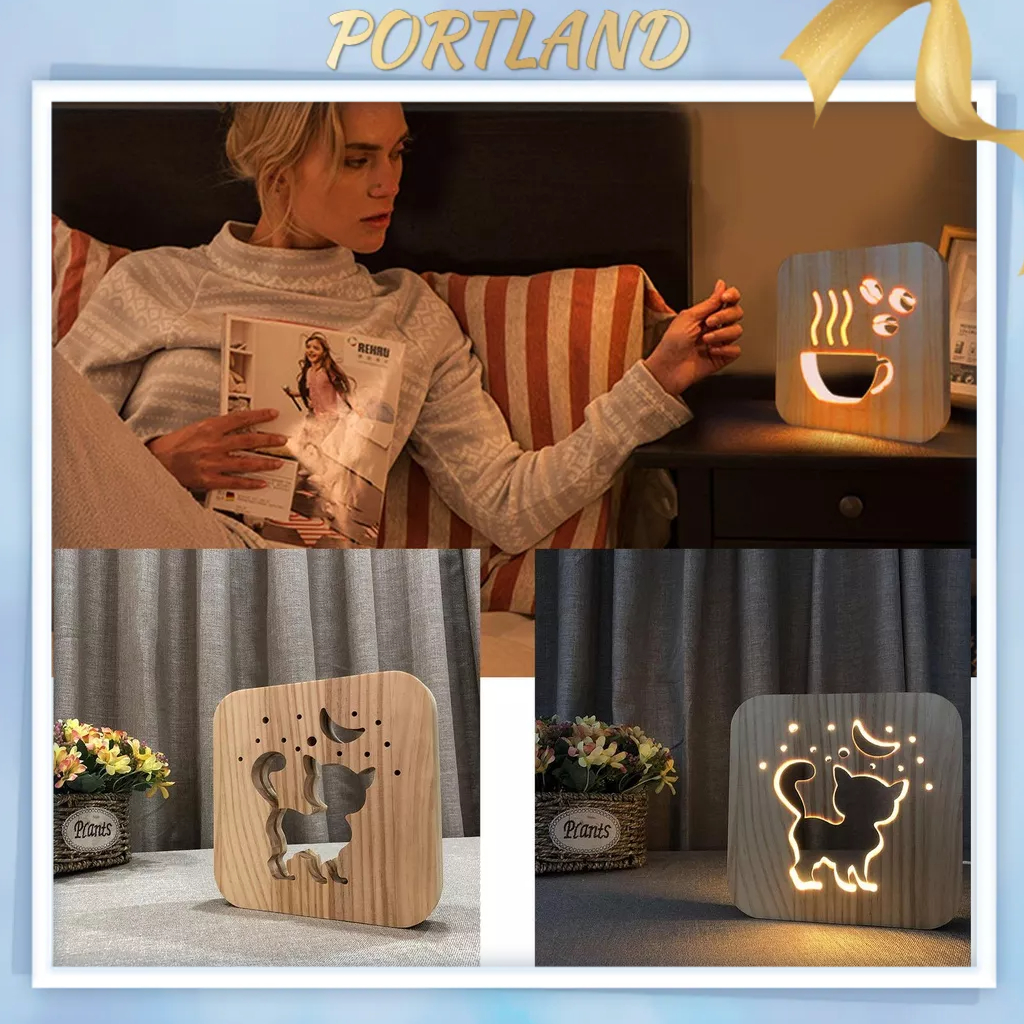Portland Gỗ 3D Đèn LED Mềm Mèo Dễ Thương Hình Rỗng Ngủ Cho Phòng Trang Trí