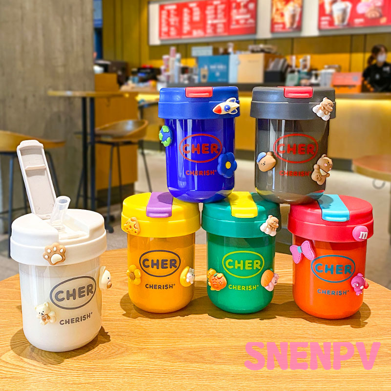 [SNENPV] 300ml Wasser Tasse Nette Mini Kunststoff Wasser Tasse Sommer mit Stroh Ton Ton Tasse Bequem Stil männer Frauen der Ausgehen Kaffee Tasse