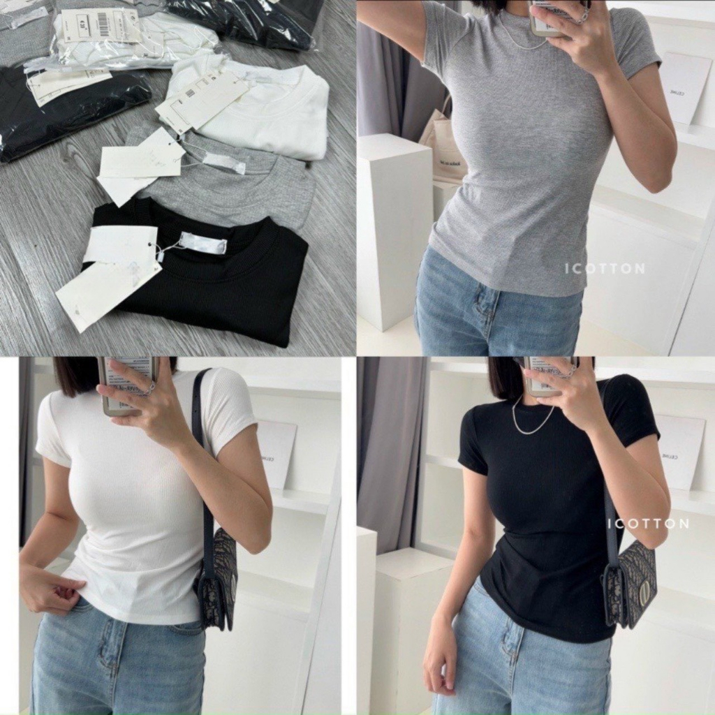 Set 3 áo thun gân hàng xuất xịn - Áo thun nữ cổ tròn ôm body - HiiNCloset