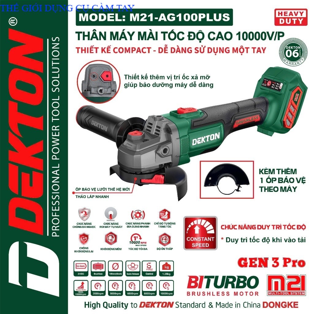 Máy Mài Góc DEKTON / M21-AG100PLUS / Chóng Khởi Động Lại / Khởi Động Mềm / Brushless / Tốc 10000v,p THẾ GIỚI DỤNG CỤ CẦM TAY GIÁ SĨ