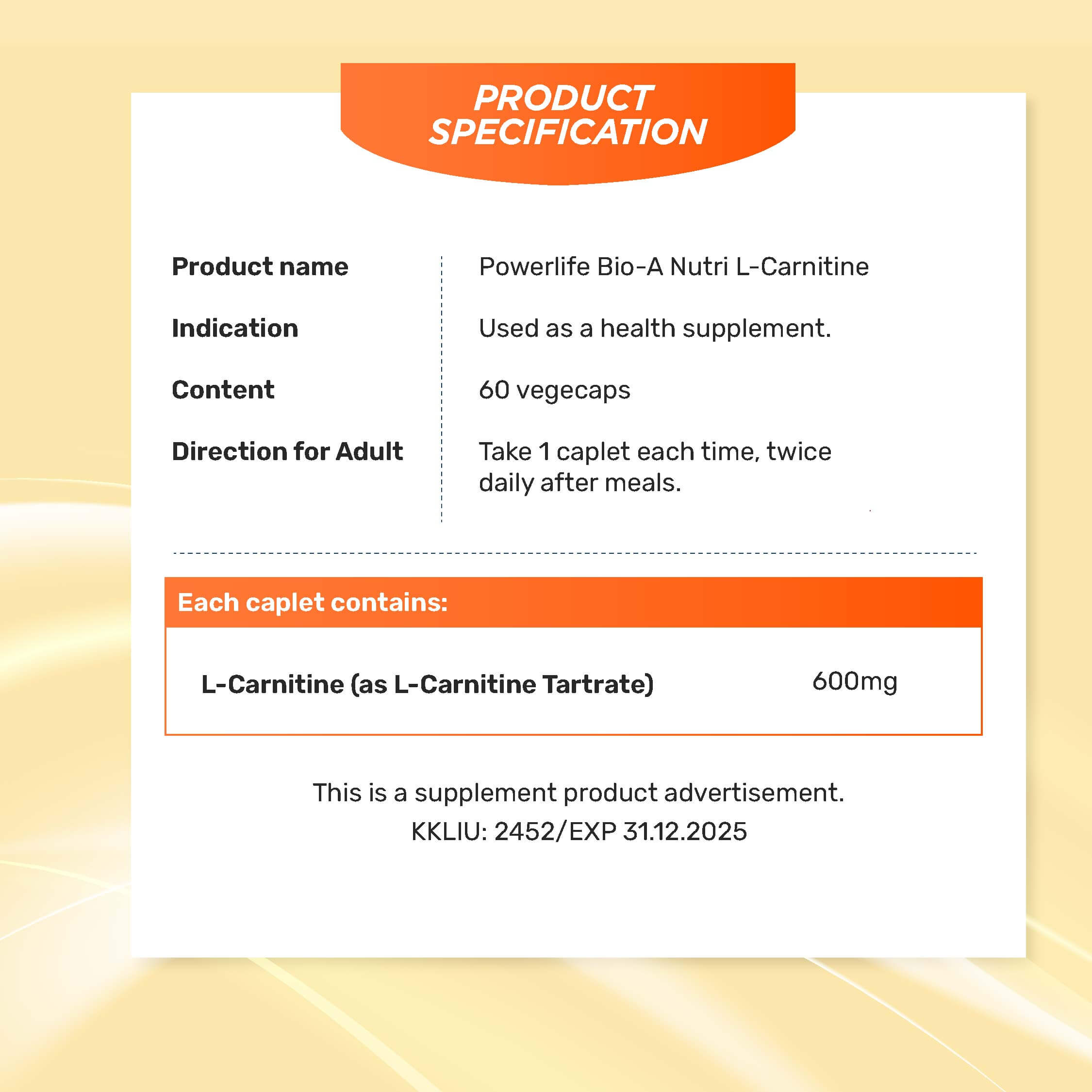Powerlife Bio-A Nutri L-Carnitine 600mg 60s | Energy Production for Heart  Health/Increase Energy/Amino Acid/ Good Absorption/提供能量/增强新陈代谢/氨基酸
