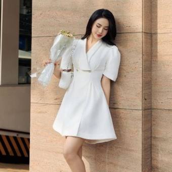 JOVEN Đầm Ngắn Hailey Cổ Vest Tay Phồng Chiết Eo Thanh Lịch