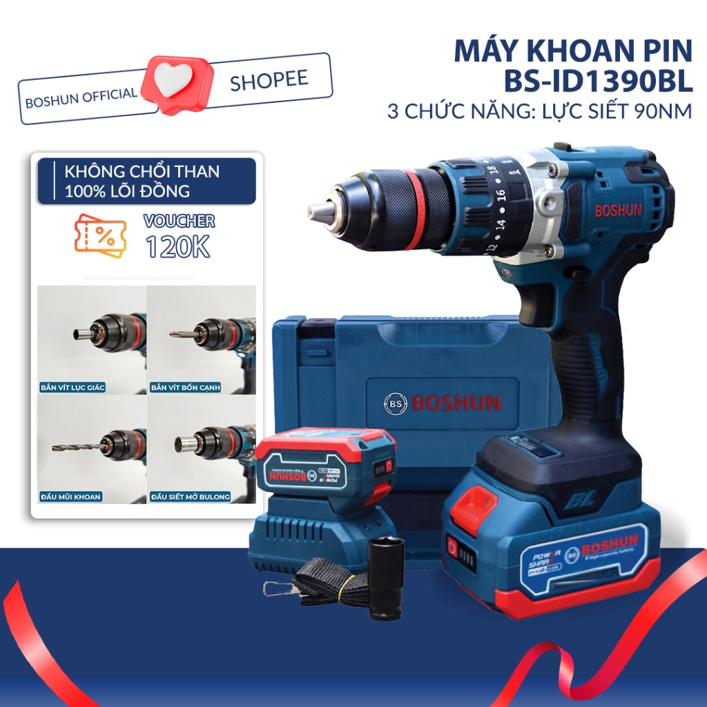  Máy Khoan Pin Boshun 13mm 3 Chức Năng 25 Cấp Độ Trượt Autolock Ruột Đồng 100% Động Cơ Không Chổi Than BS-ID1390BL 