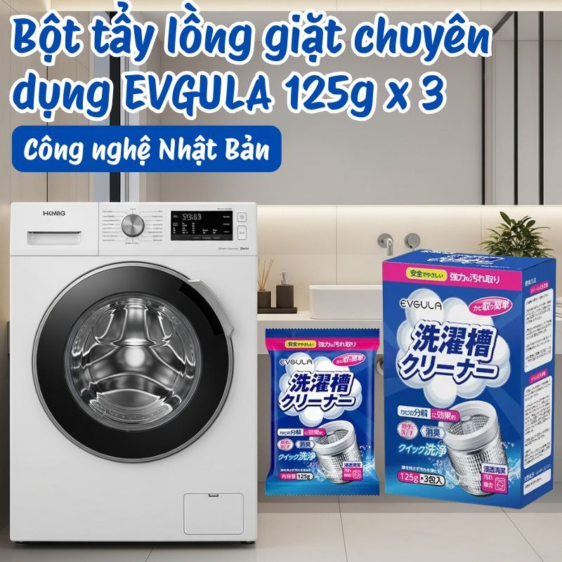 Bột tẩy máy giặt EVGULA 3 gói x 125g – khử khuẩn, tẩy sạch cặn bẩn, mùi hôi trong lồng giặt cực mạnh