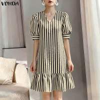 VONDA Korean Style Women Fashion Stripe Texture New Summer Dresses Elegant Puff Sleeve A-Line Dres #0518