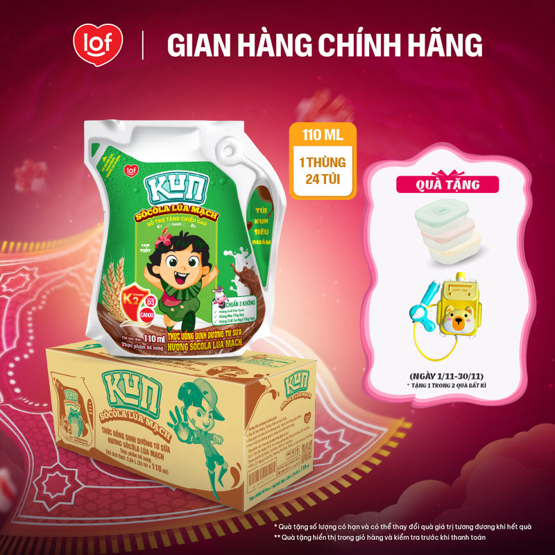 Sữa lúa mạch socola KUN thùng 24 túi x 110ml