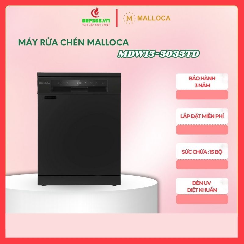 Máy rửa chén Malloca MDW15-5035TD - Sấy Khô Hoàn Toàn, Diệt Khuẩn Đèn UV, Bảo hành 36 tháng - BST