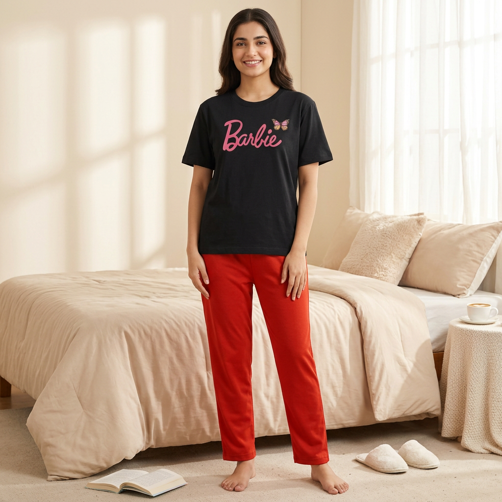 Cotton Jersey Pajama Set for Women & Girls – Barbie Printed Nightwear, Lightweight Summer Lounge Wear, Sleep Suit S–XL & Kids 7–14