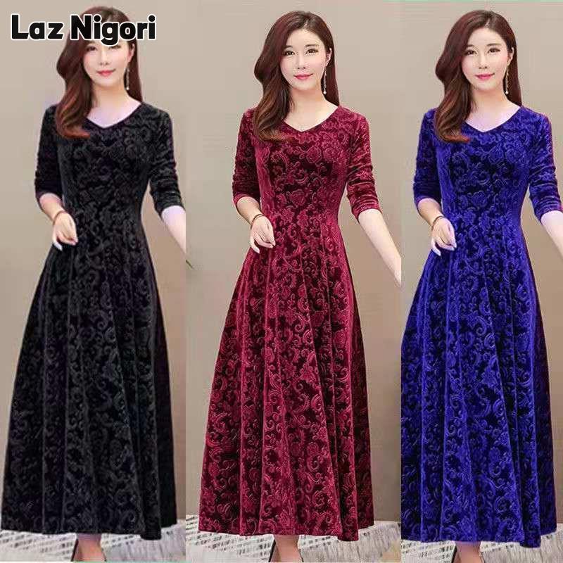  Đầm nữ Laz nigori Đầm cổ chữ V Nhung vàng váy viền lớn ôm vừa nữ tính Tay áo dài dập nổi Chân Váy Dài 2024 mùa xuân và mùa thu mới 