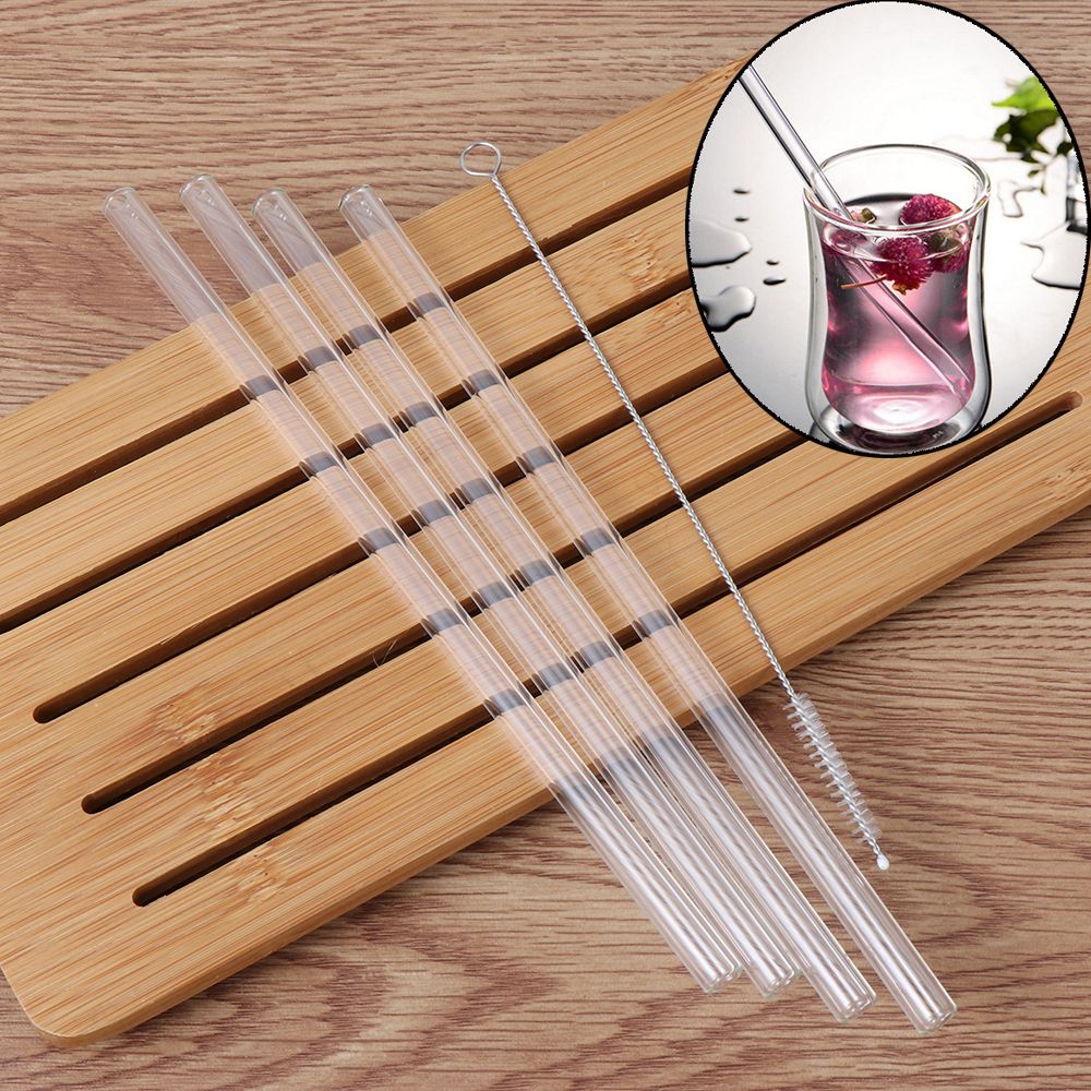 W5YR 4pcs/set Đồ dùng dự tiệc Trong suốt Uống rượu Có thể tái sử dụng Bàn chải sạch Ống thẳng Ống hút thủy tinh
