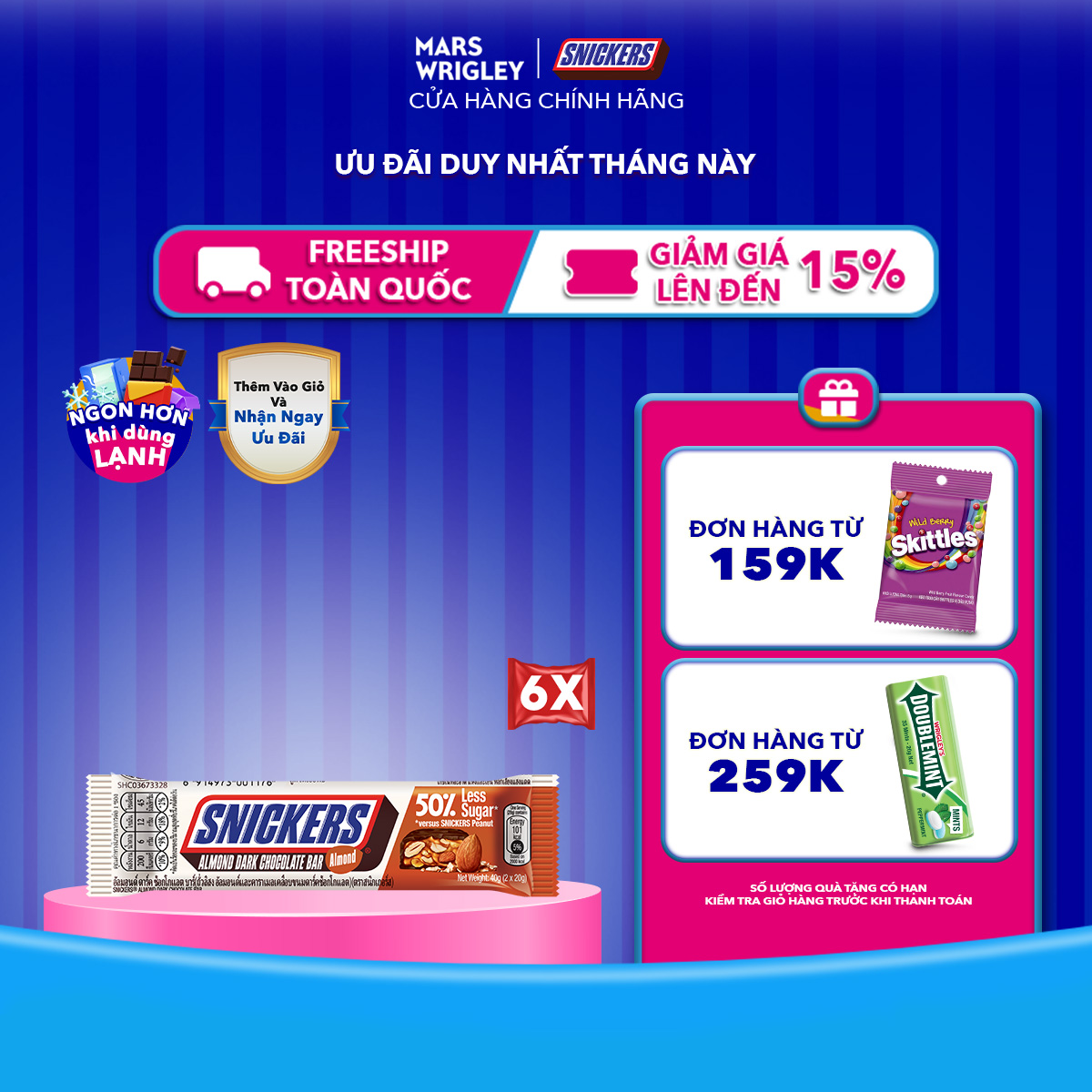 Combo 6 thanh Sô cô la Snickers Hạnh nhân Giảm đường thanh 40g