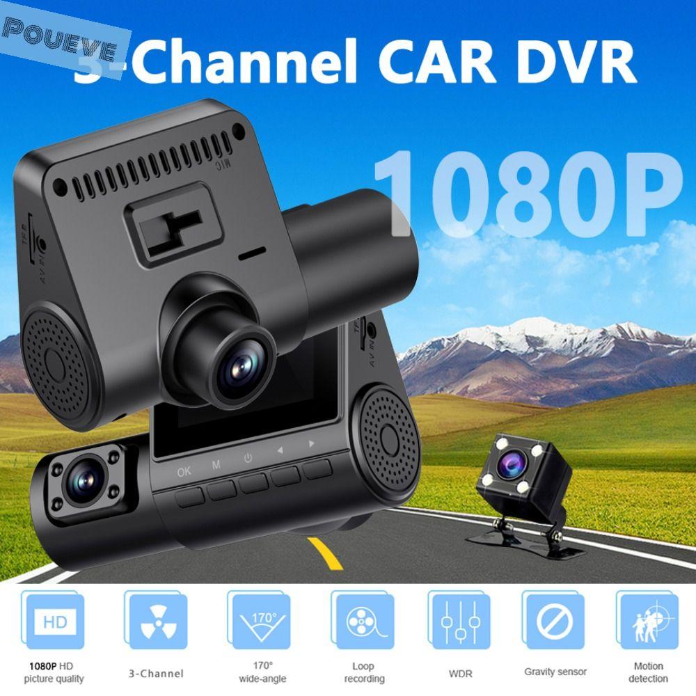 POUEVE 3-len Camera hành trình mini 3 kênh cho xe hơi 2 inch HD 1080P Máy Quay Video Xe Hơi 3 Camera