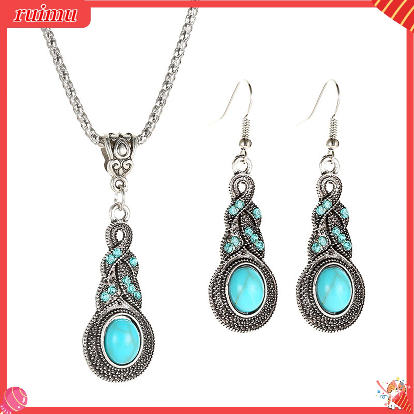 Ruimu 1 Bộ Vòng cổ nữ Bông Tai Giả Màu Ngọc Lam trang sức cổ điển Mạ Điện Bộ trang sức Lấp Lánh Cho Đảng Bộ trang sức nữ Bộ trang sức