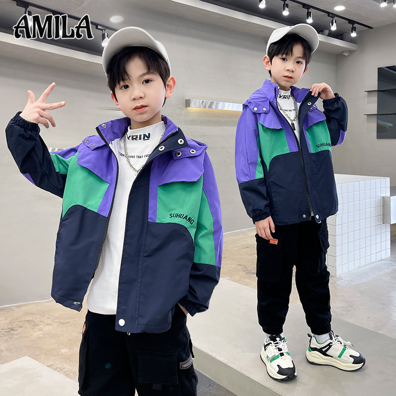 เสื้อผ้าและแฟชั่นเด็กสไตล์น่ารัก AMILA เสื้อแจ็คเก็ตทรงหล่อเด็กชาย สไตล์เกาหลี สำหรับเด็ก เสื้อโค้ทกันลมมีฮู้ดแฟชั่น