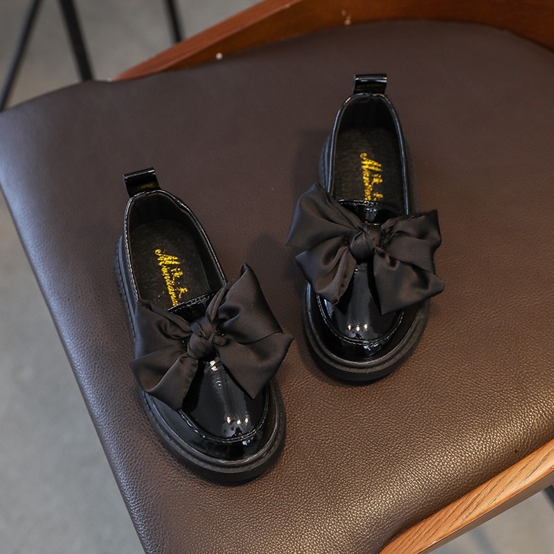 Girl's Loafers Autumn Patent Leather Black White Bowknot Slip-on Kids Flat Shoes 26-36 Rubber Sole Non-slip Children Causl Shoe