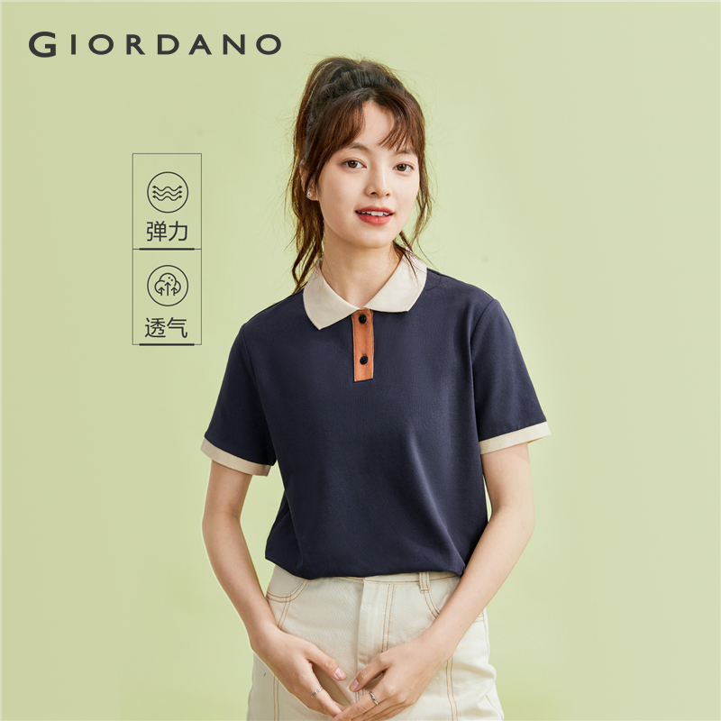 GIORDANO Nữ Áo Sơ Mi Polo Tương Phản Co Giãn Áo Sơ Mi Polo Tay Ngắn Mùa Hè Đơn Giản Thời Trang Áo Sơ Mi Polo 05314394