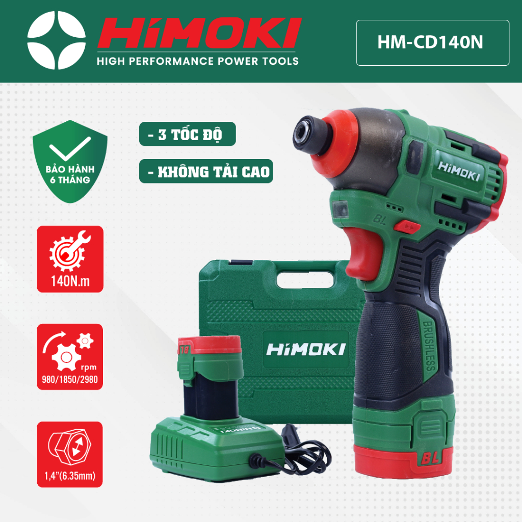 Máy Bắn Vít Himoki 16.8V HM-CD140N - Chuyên vít động cơ không chổi than lực vít 140N - Bảo hành chính hãng Himoki 12T