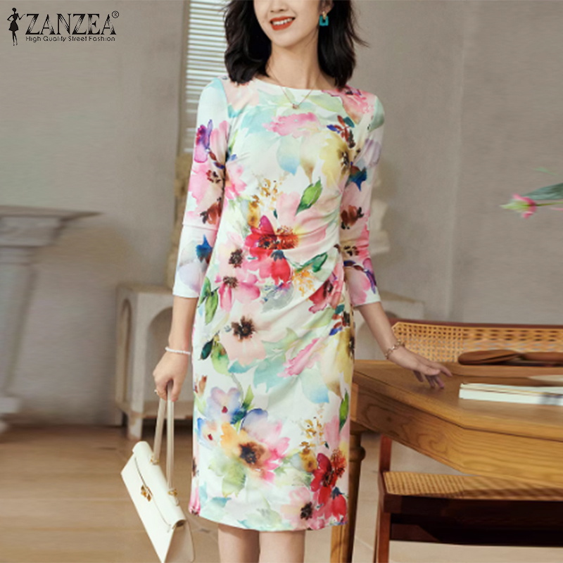 Zanzea phong cách Hàn Quốc Đầm nữ hoa thanh lịch 3/4 tay cổ chữ O MIDI ĐI TIỆC Đầm ôm sát #11