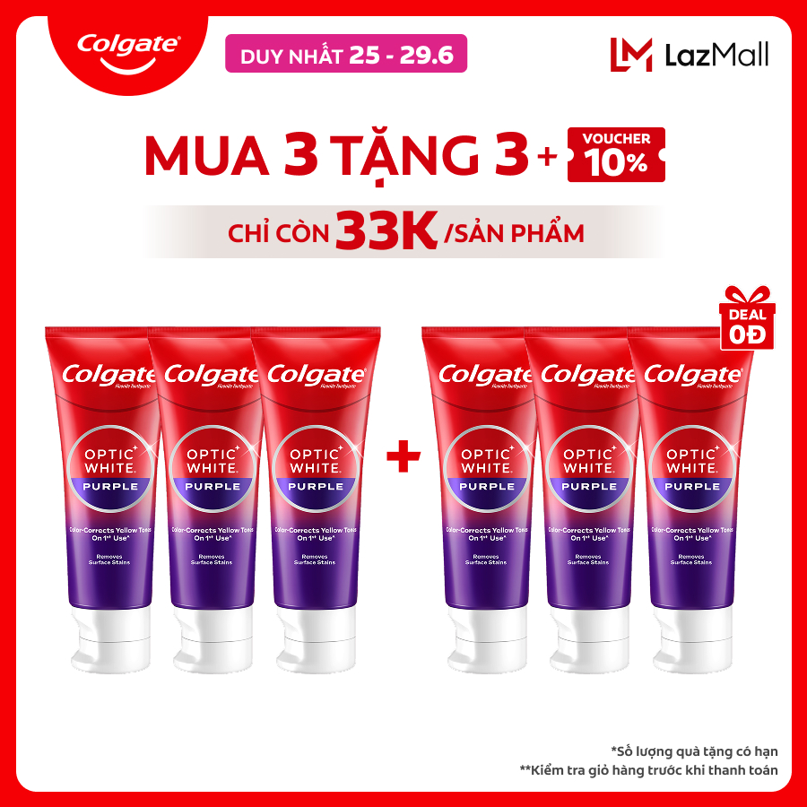 [Chỉ 25-29.6_Mua 3 tặng 3-Chỉ còn 33K/tuýp] Bộ 3 Kem Đánh Răng Colgate trắng răng Optic White Purple 100g - công nghệ sắc tím, hiệu chỉnh sắc vàng trên răng