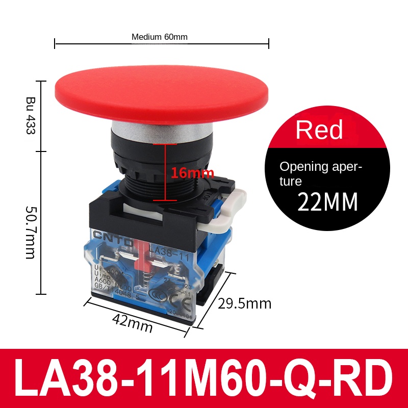 Nút Nhấn Nấm To Tự Giữ Màu Đỏ LA38-11M60 - 1NO 1NC | LA38-11MZS60 Changde - Đầu 60mm, Lỗ 22mm, tùy chọn: Đỏ/Xanh, Điều Khiển Công Nghiệp Chắc Chắn
