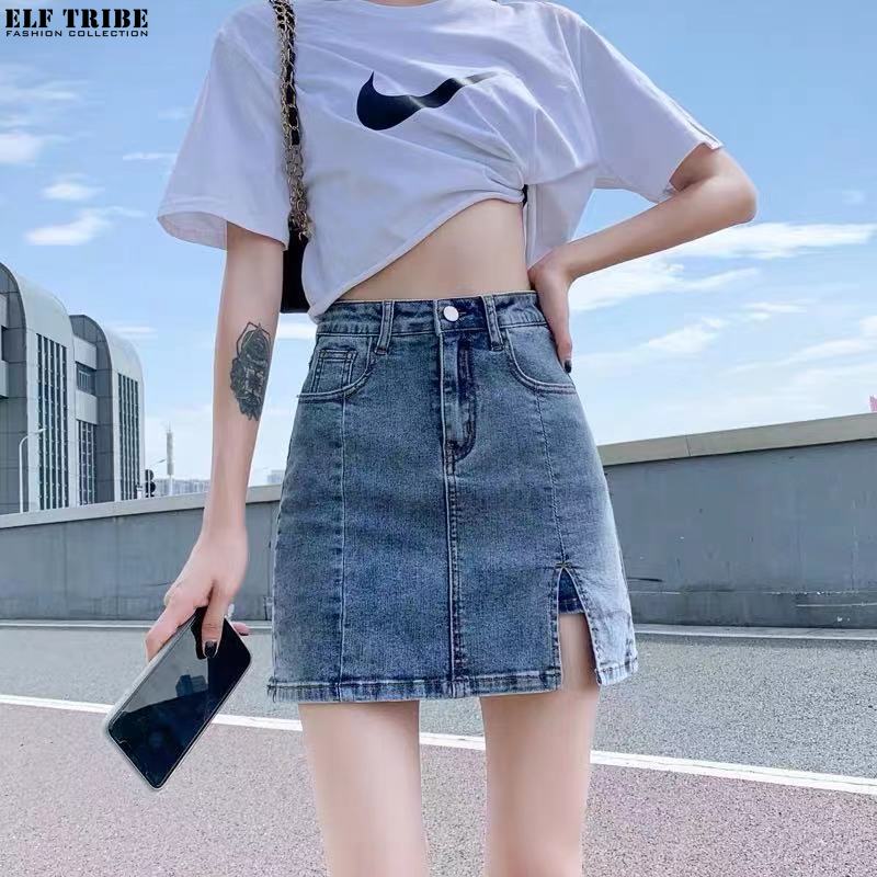ELF TRIBE Eo cao sexy chia skorts gói hip Quần short denim Váy Phụ nữ