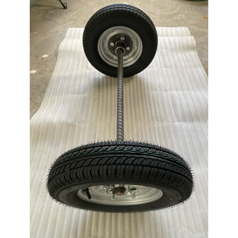 Bộ cốt trục bánh xe 400-10 xe lôi, gồm 1 trục phi 28 ,đôi mai ơ, 8 bulong và đôi bánh xe 400-10 đường kính bánh xe 44cm
