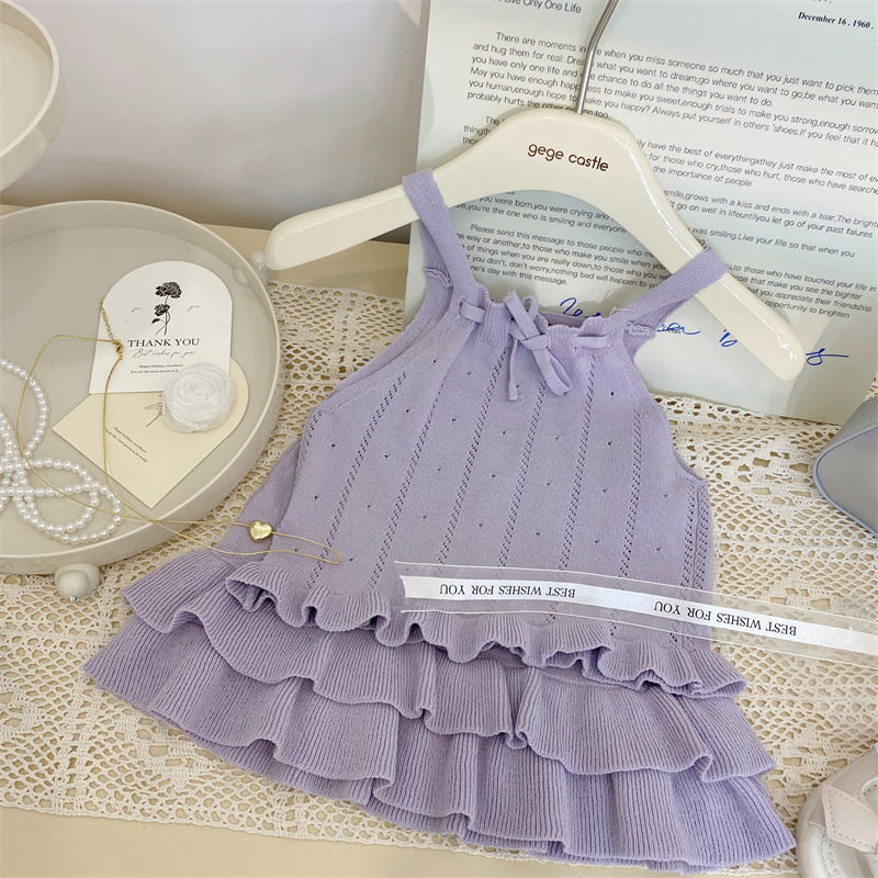 Girls Hollowed Out Knitted Camisoles Summer Kids Lace Hanging Neck Tanks Baby Solid Color Sweet Tops Girls Clothing ราคา  485 บาท*ส่งฟรี