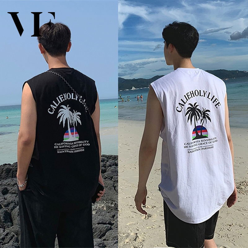 VFASION Áo thun sát nách dáng rộng thời trang đi biển phong cách Hàn Quốc cho nam Áo không tay In hình cây dừa Kích thước lớn S-3XL