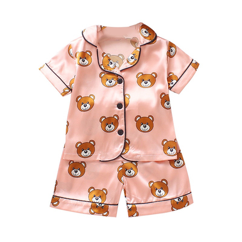 Ready Stock Baby Kids Boys Girls Cartoon Bear Print Pajamas Set Short Sleeve Blouse Tops+Shorts Sleepwear