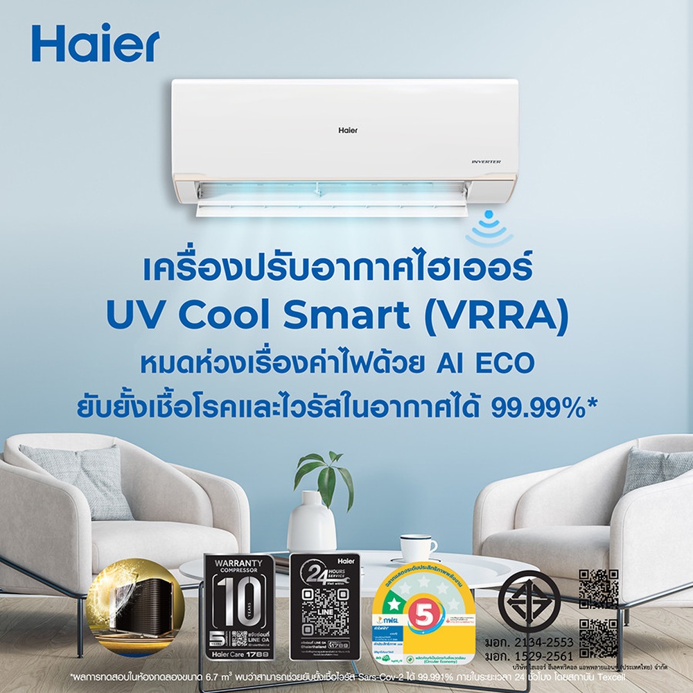 HAIER เครื่องปรับอากาศ Inverter ขนาด 12,300 BTU รุ่น HSU-12VRRA05BF สีขาว แบรนด์แท้ ราคา 22,069 บาท*ส่งฟรี