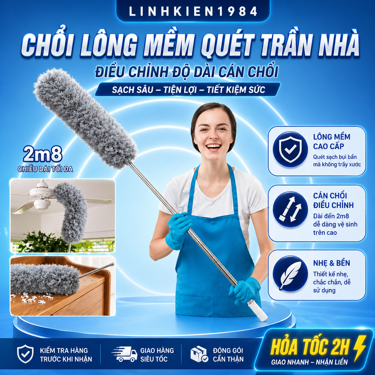 Chổi Quét Trần Nhà Cán Điều Chỉnh Ngắn Dài 3M, Phất Trần Quét Mạng Nhện Dọn Trần Nhà Nóc Tủ