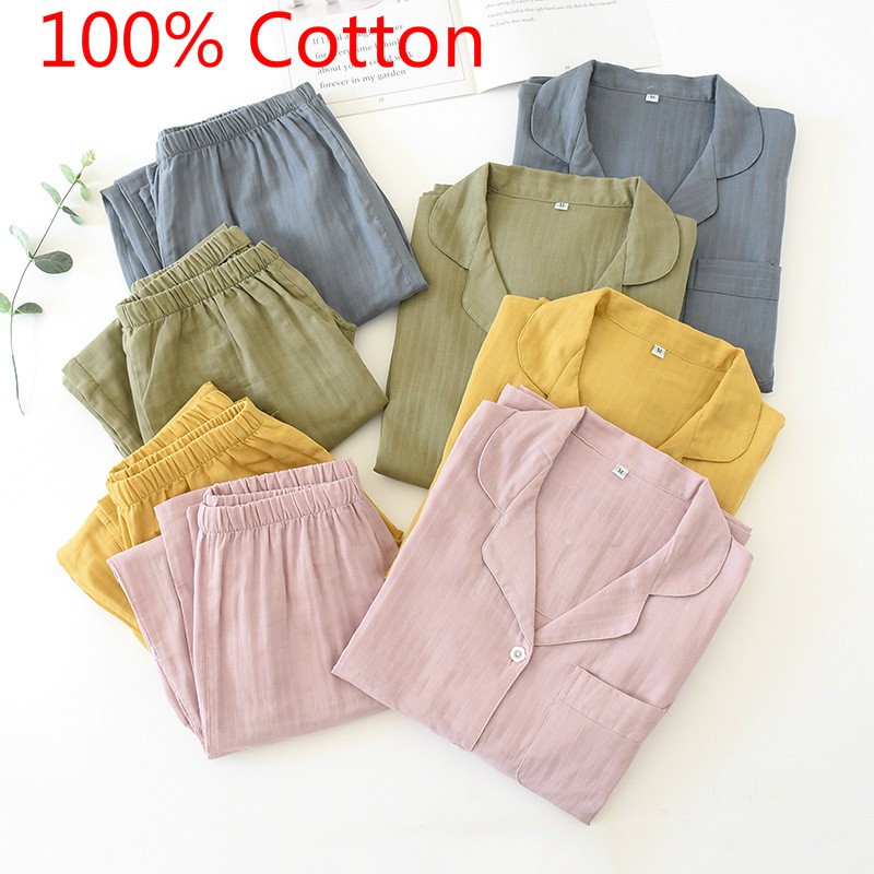 [Ready Stock] Women &amp; Men 100% Cotton Gauze Long/Short Sleeve Trousers &amp; Short Sleeve Shorts Solid Pajama Set Muji style Pyjamas Baju tidur wanita Nightwear Sleepwear Korean Pajamas couple pij