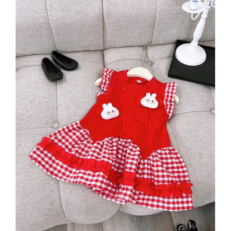 Váy đầm đỏ bé gái CS639 váy đỏ caro đính gấu labubu cho bé mặc noel giáng sinh tết