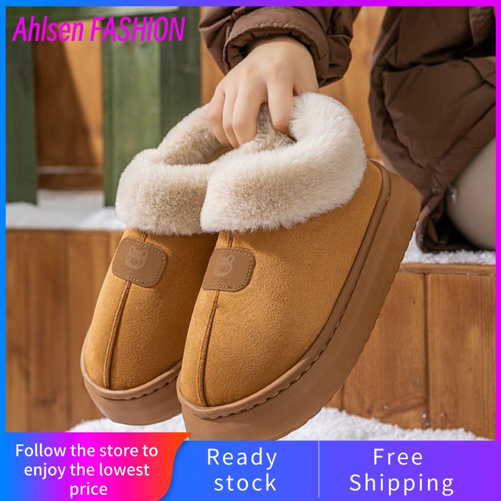 AHLSEN FASHION Đồ nhồi bông Giày tuyết Lông thú giả Mềm mại Đôi dép mềm  Không trượt Giày cotton Mùa thu và mùa đông